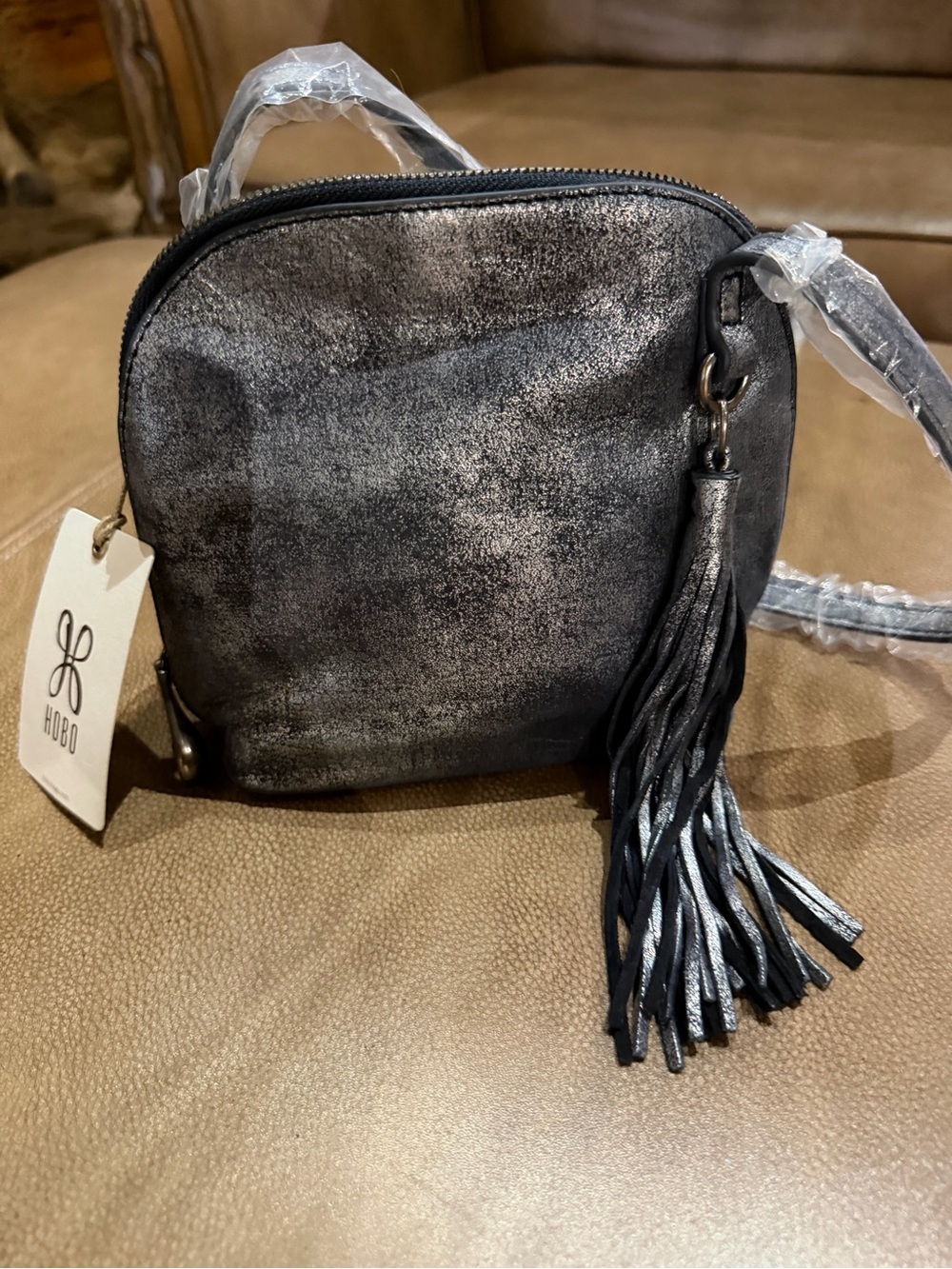HOBO Charcoal / Sliver Suede Fringe Hobo Bag NWT